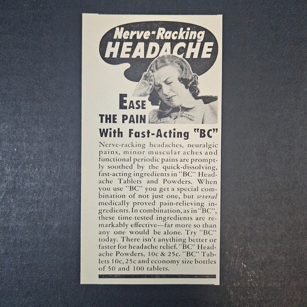 1953 BC Headache Powders Fast-Acting Vintage Print Ad Neuralgic Pain Periodic